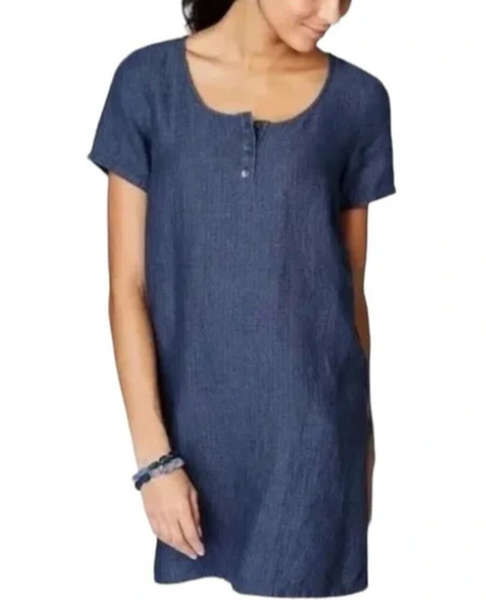 J Jill PureJill  Linen Tunic Top Blue Short Sleeve Boxy Fit Women's Large